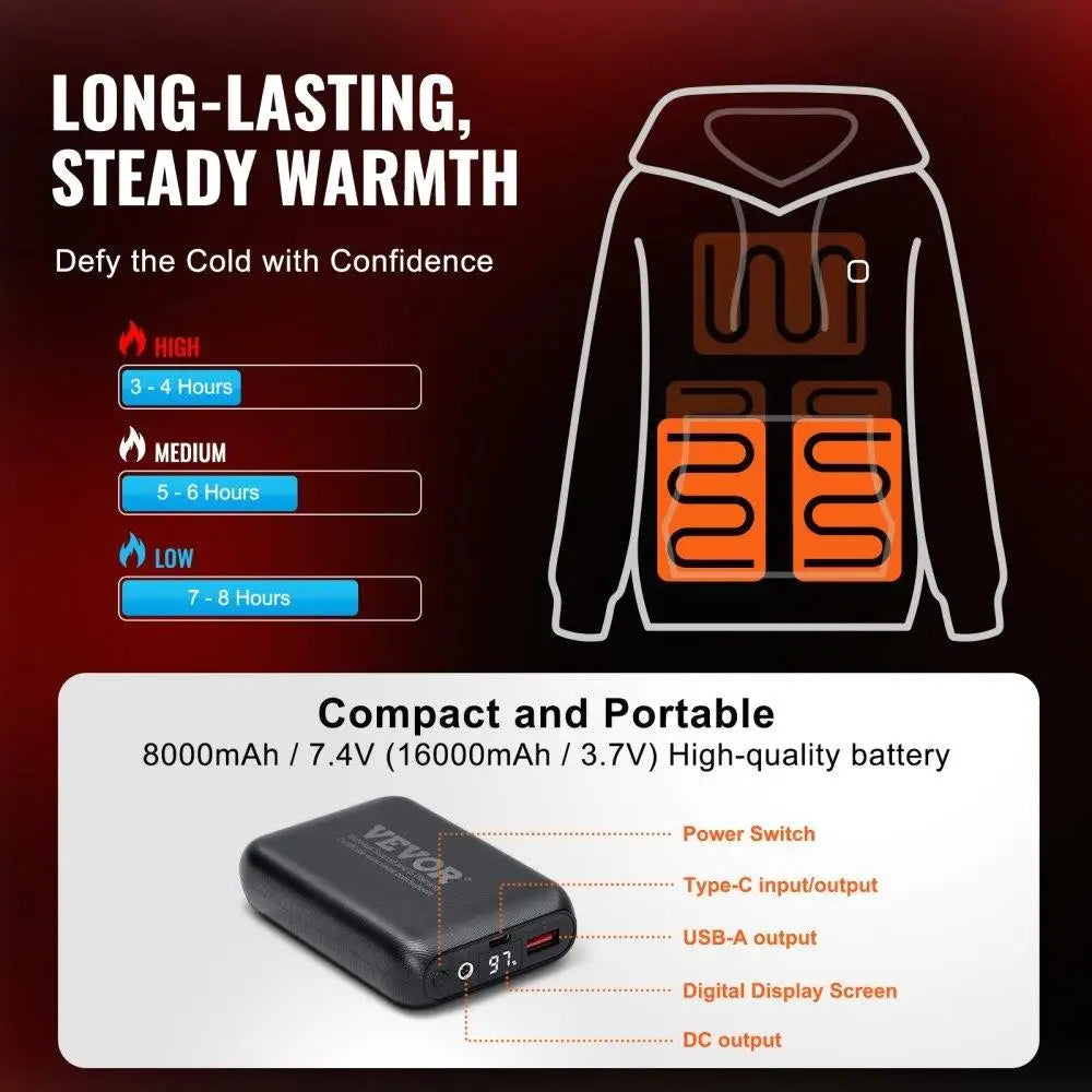 Closure Heated Hoodie Sweatshirt Unisex Battery Powered