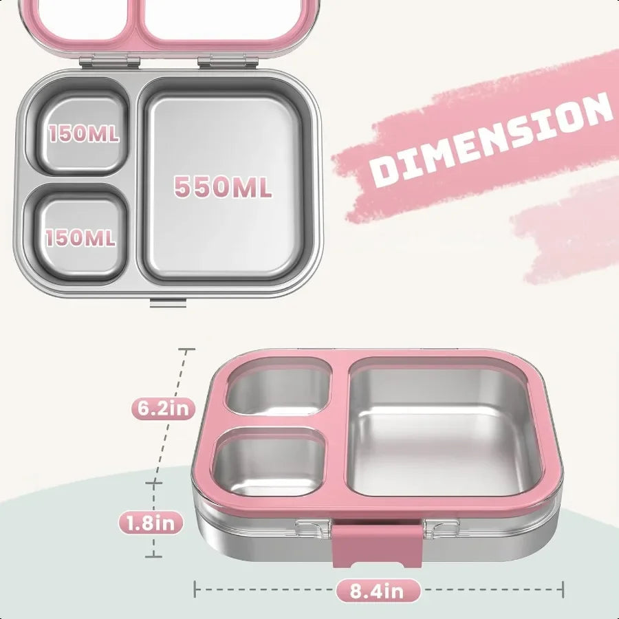 Stainl Steel Bento Box with Silicone Lid Leakproof Toddlers Lunch Container 3 Compartments Dishwasher Safe Pink