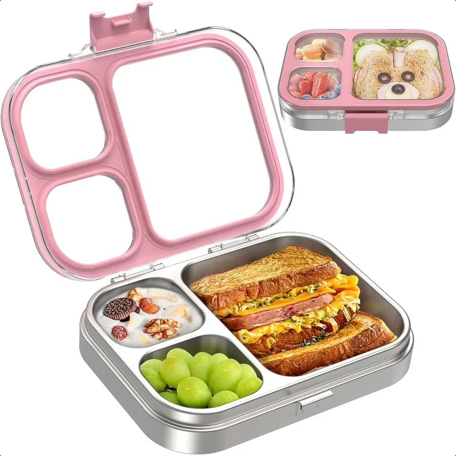Stainl Steel Bento Box with Silicone Lid Leakproof Toddlers Lunch Container 3 Compartments Dishwasher Safe Pink