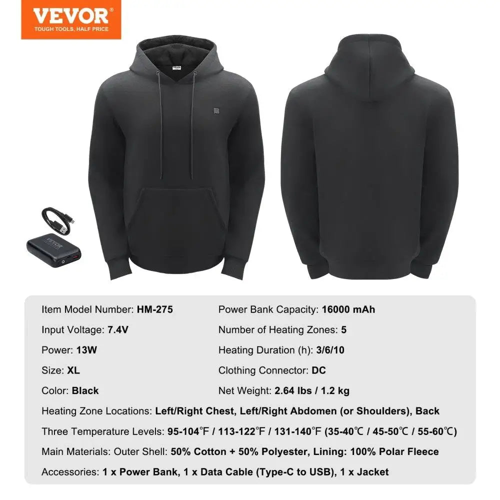 Closure Heated Hoodie Sweatshirt Unisex Battery Powered