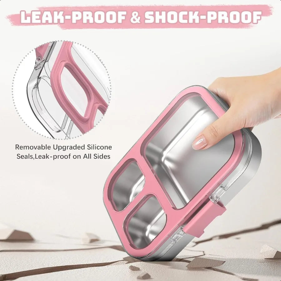 Stainl Steel Bento Box with Silicone Lid Leakproof Toddlers Lunch Container 3 Compartments Dishwasher Safe Pink