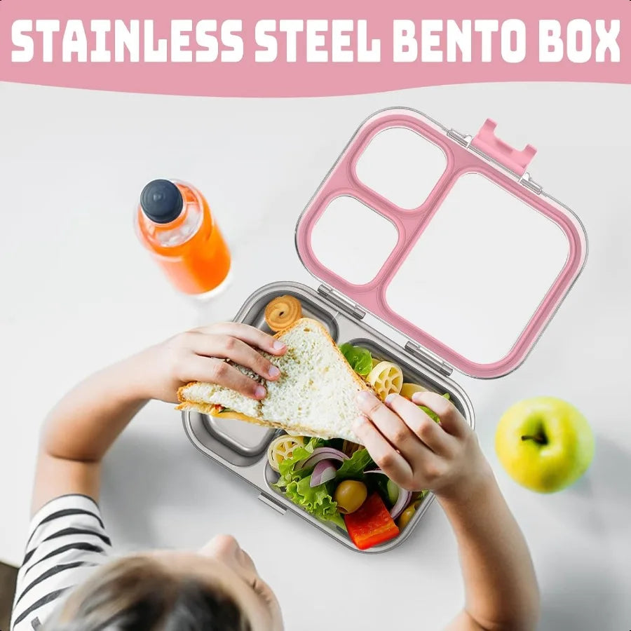 Stainl Steel Bento Box with Silicone Lid Leakproof Toddlers Lunch Container 3 Compartments Dishwasher Safe Pink