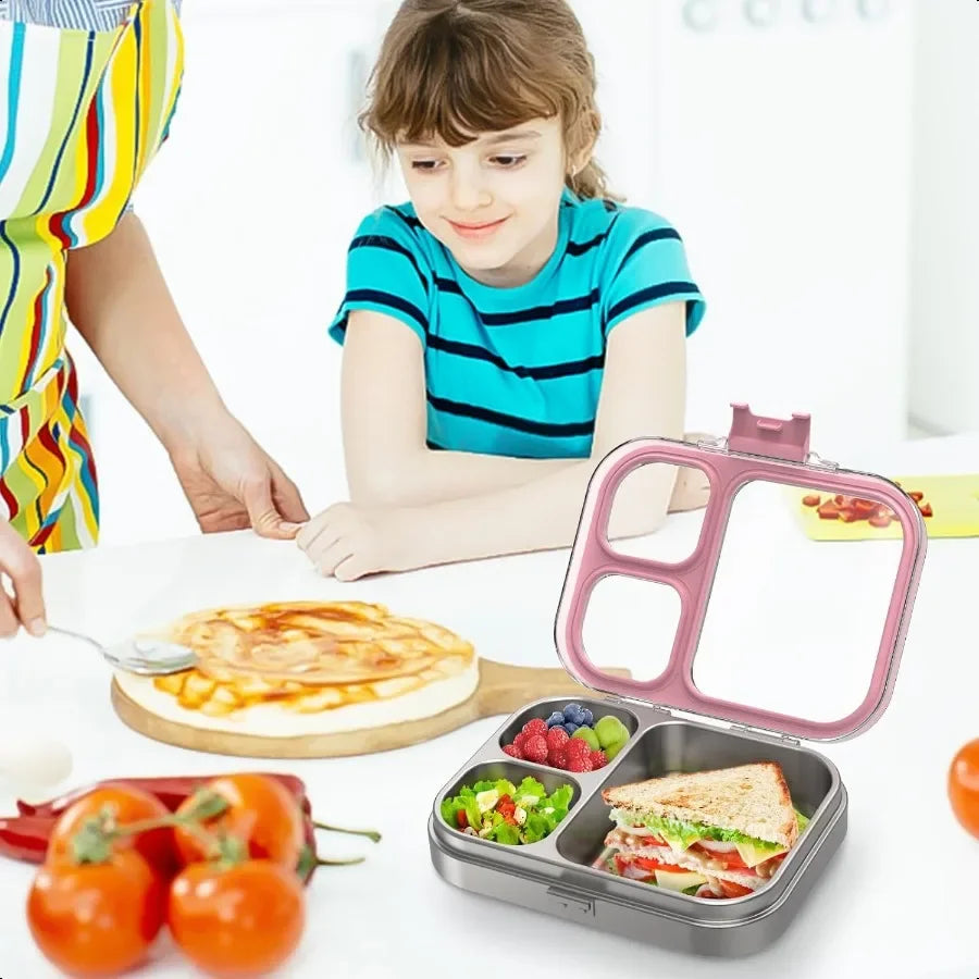 Stainl Steel Bento Box with Silicone Lid Leakproof Toddlers Lunch Container 3 Compartments Dishwasher Safe Pink