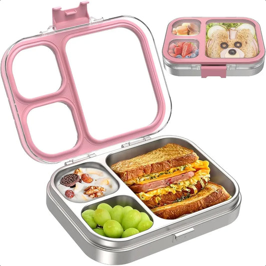 Stainl Steel Bento Box with Silicone Lid Leakproof Toddlers Lunch Container 3 Compartments Dishwasher Safe Pink